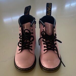 Dr. Martens Pink Patent Leather Lace-Up Ankle Boots with Black Trim